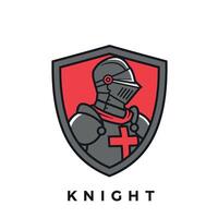 Knight emblem logo design with medieval armor and red cross shield illustration vector
