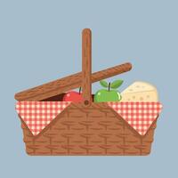 Picnic basket with red and green apples and cheese on checkered cloth illustration vector