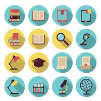 Education and learning icons with books, magnifying glass, microscope, and globe in flat design style vector