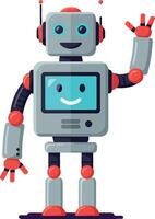 Friendly waving robot with smiling screen face and red accents illustration vector