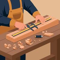 Carpenter measuring wooden plank using caliper on workbench with wood shavings illustration vector