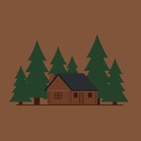 Wooden cabin surrounded by pine trees illustration with brown background and simple nature design vector