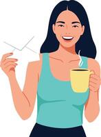 Young woman enjoying coffee with paper airplane in hand illustration smiling happy vector