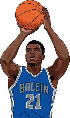 Basketball player shooting ball in blue jersey with number 21 illustration