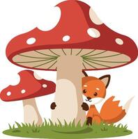 Fox hiding behind red mushroom with white spots in grassy field illustration vector