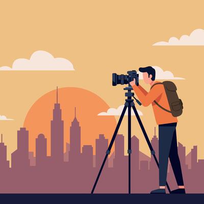 Photographer capturing city skyline with sunset background and backpack illustration