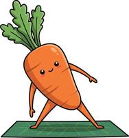 Cartoon carrot character exercising on green mat with happy face illustration vector
