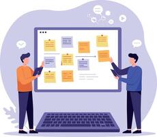 Teamwork collaboration planning on laptop screen with sticky notes and digital interface illustration vector