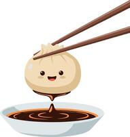 Cute dumpling held by chopsticks dipping in soy sauce illustration with happy face vector