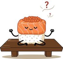 Sushi character meditating on wooden bench with question marks above head illustration vector