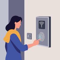 Woman using fingerprint scanner for security access in modern digital system illustration vector