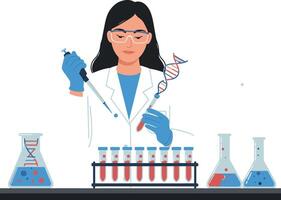 Female scientist conducting DNA research with test tubes in laboratory setting illustration vector