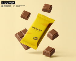 Chocolate packaging mockup, with chocolate bars floating on the backdrop psd