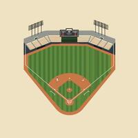Baseball stadium illustration with scoreboard and players in green field design vector