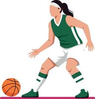 Female basketball player dribbling ball in green jersey and white shorts illustration vector