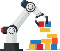 Industrial robotic arm stacking colorful blocks automation technology illustration vector