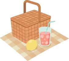Picnic basket with lemonade glass and lemon on checkered blanket illustration vector