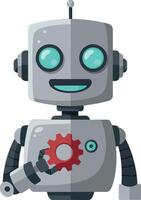 Friendly robot holding red gear smiling with teal eyes illustration vector