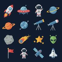 Space exploration icons with rocket astronaut alien telescope and planets set vector