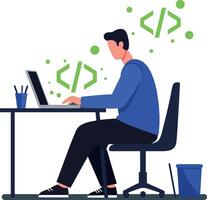 Programmer working on laptop coding software development at desk illustration vector