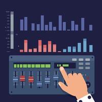 Audio mixer console with sound level bars and hand adjusting volume illustration vector