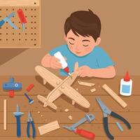 Child assembling wooden model airplane with glue and tools on workbench illustration vector