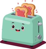 Cute smiling toaster with toast and jam in cartoon style illustration vector