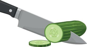 Cucumber being sliced with kitchen knife illustration for cooking and food preparation vector