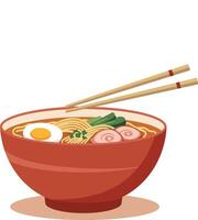 Ramen bowl with egg pork and vegetables illustration with chopsticks vector