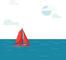 Sailboat with red sails on calm blue sea under cloudy sky illustration vector