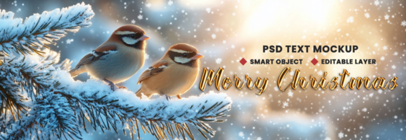 Winter snowy decor for Merry Christmas background theme with birds sitting on tree and snowflake view psd
