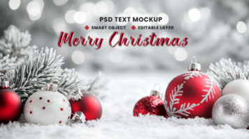 Snowy Christmas tree red and golden ball glowing in forest for merry Christmas and happy new year background psd