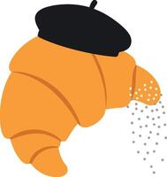 Croissant with black beret and powdered sugar minimalist illustration design vector
