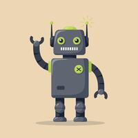Friendly grey robot with green accents waving hand in cartoon style illustration vector