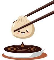 Cute dumpling with chopsticks dipping into soy sauce illustration food theme vector