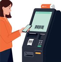 Woman using smartphone scanning barcode at self service kiosk illustration vector