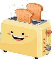 Smiling yellow toaster with two slices of toasted bread illustration cheerful kitchen appliance vector