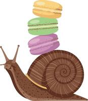 Snail carrying colorful macarons stack illustration with yellow green purple dessert vector