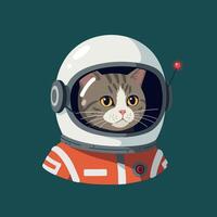 Cat in orange astronaut suit wearing space helmet illustration with dark teal background vector