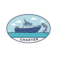 Fishing boat charter logo design with jumping fish and ocean waves in oval frame vector