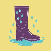 Purple rain boot with water drops and puddle on yellow background illustration vector