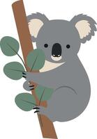 Koala climbing eucalyptus tree branch with green leaves simple illustration vector