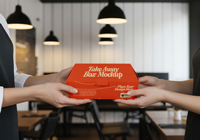 Here s a one sentence caption for the image A server hands a customer a bright red takeout box labeled Take Away Box Mockup psd