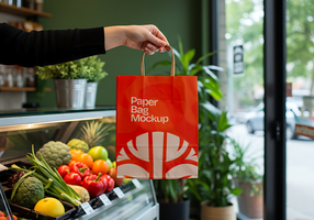 A hand holds a vibrant orange paper bag mockup in front of a produce display psd