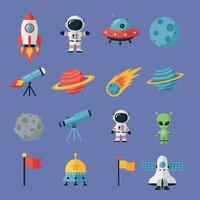 Space exploration icons with astronauts rockets planets and aliens in colorful illustration vector