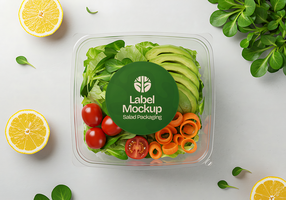 A fresh salad in a clear container with a label that says Label Mockup Salad Packaging psd