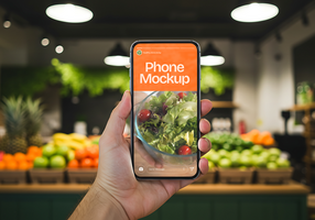 A hand holds a phone displaying a phone mockup featuring a vibrant salad in a produce market psd