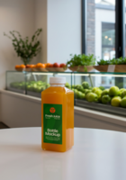 A bottle of fresh juice sits on a table in front of a produce display psd