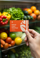 A hand holds a name card mockup in front of a refrigerator filled with fresh produce psd
