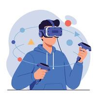 Young man exploring virtual reality world with vr headset and controllers in blue hoodie vector